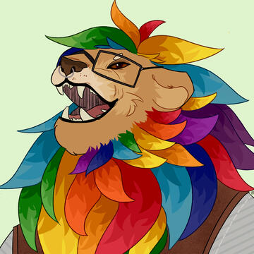 smiling simon with feathered rainbow mane