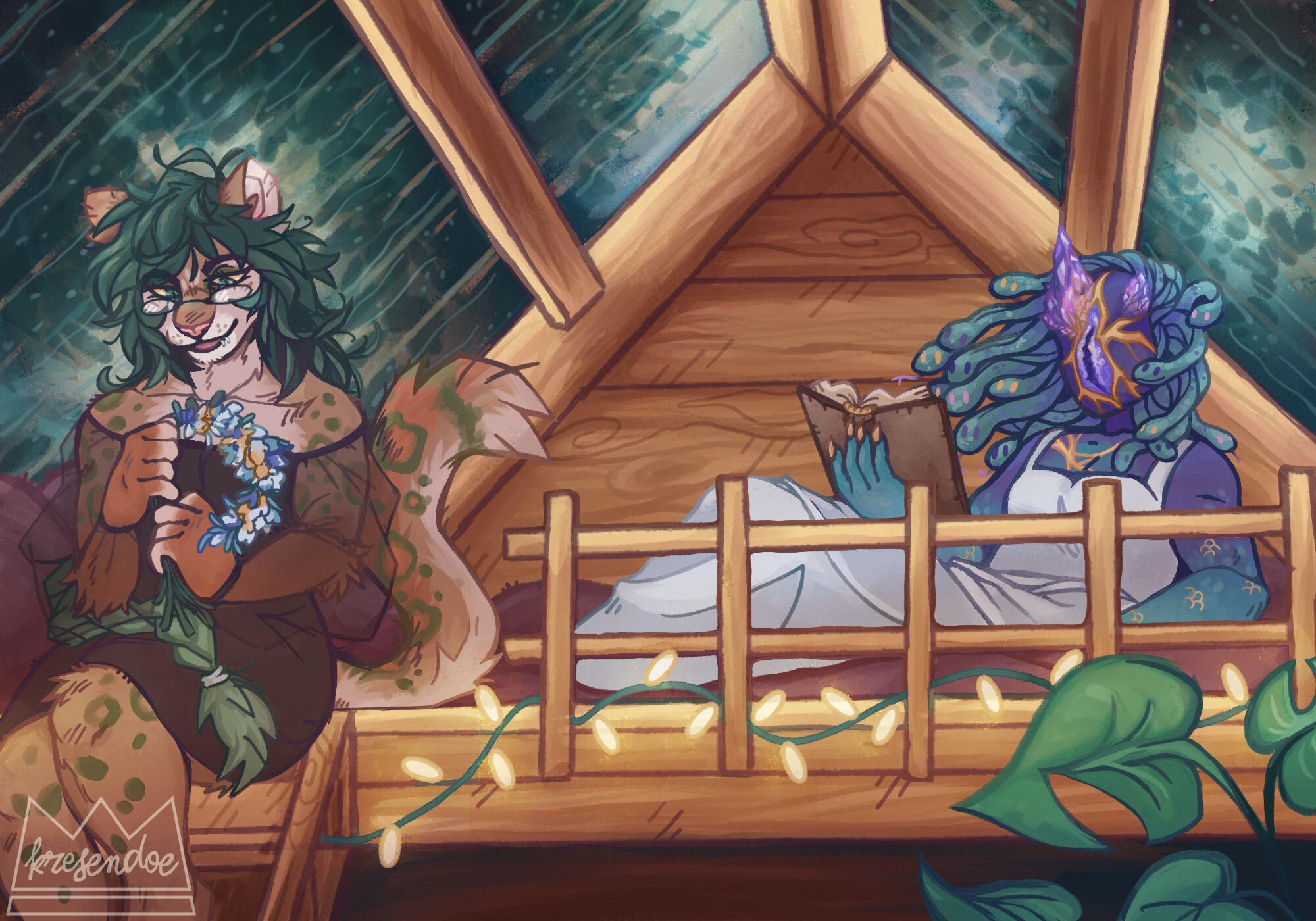 Trish in a tree house making a flower crown, with Hazel in the background reading a book