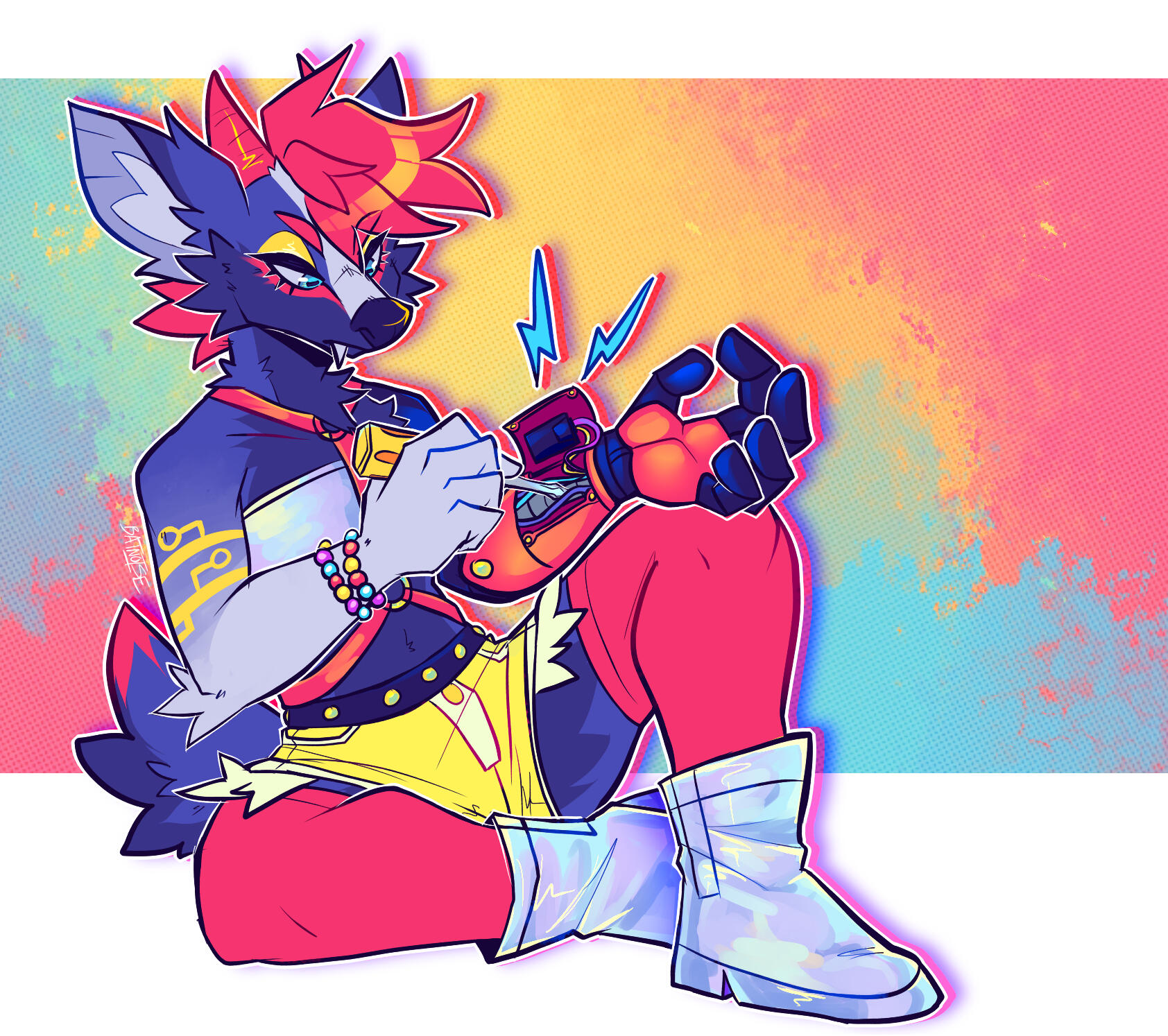 A purple muntjac uses a screwdriver to try to repair its robotic left arm. It has _sick_ plastic boots.