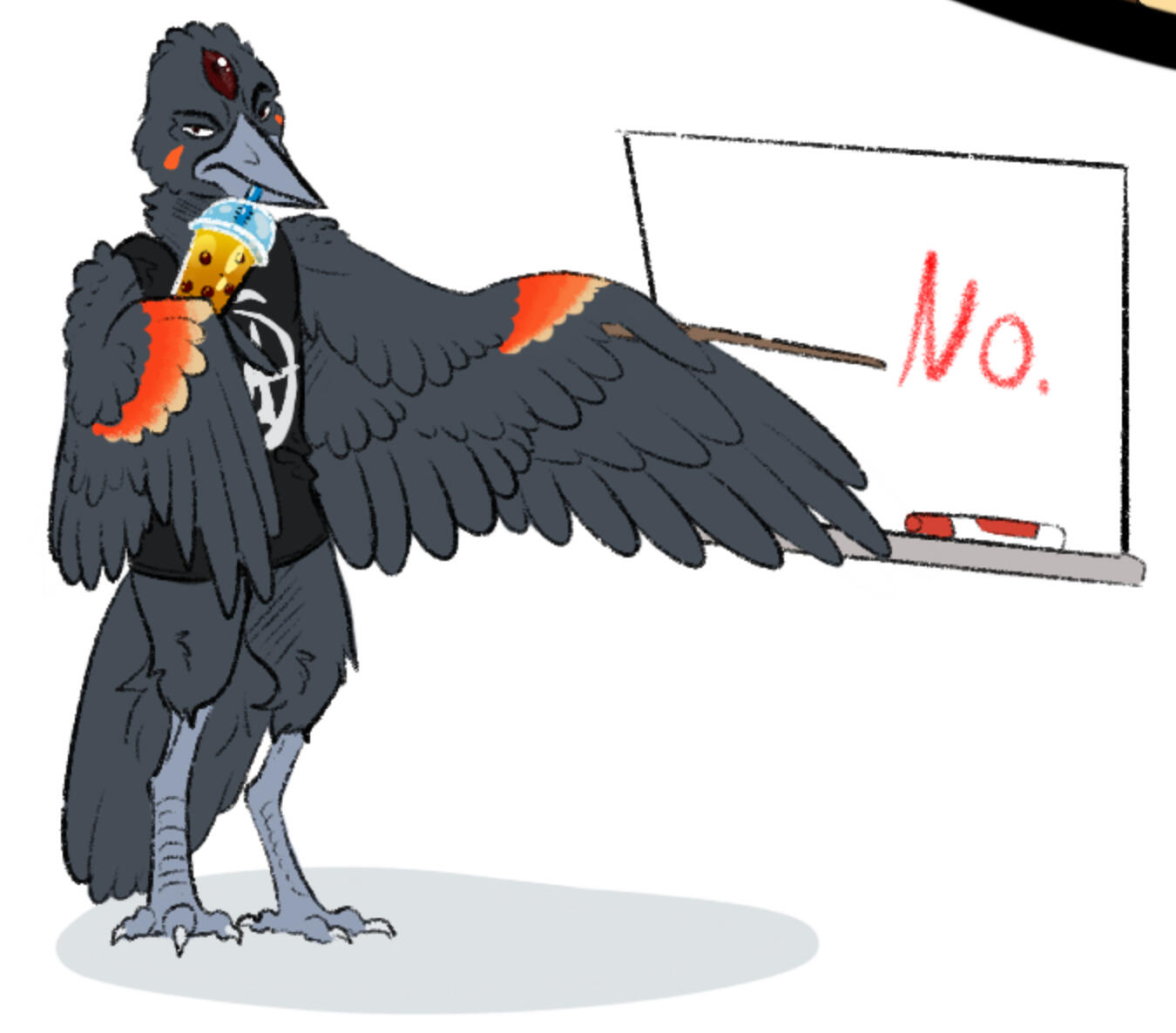 phenyx drinking bubble tea and pointing to the word "No" on a whiteboard