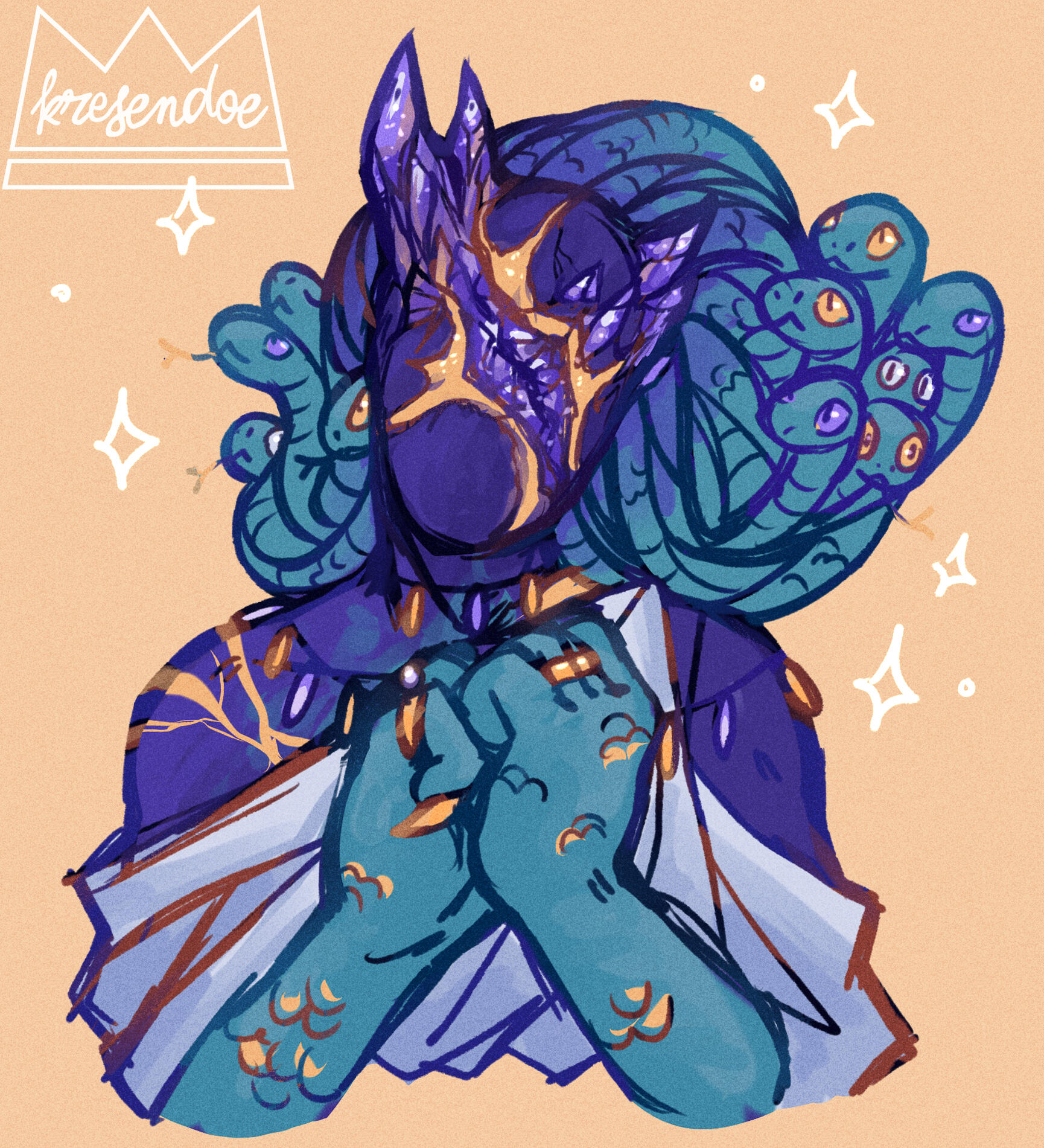 A kintsugi gorgon whose face is an amethyst geode, joyful.