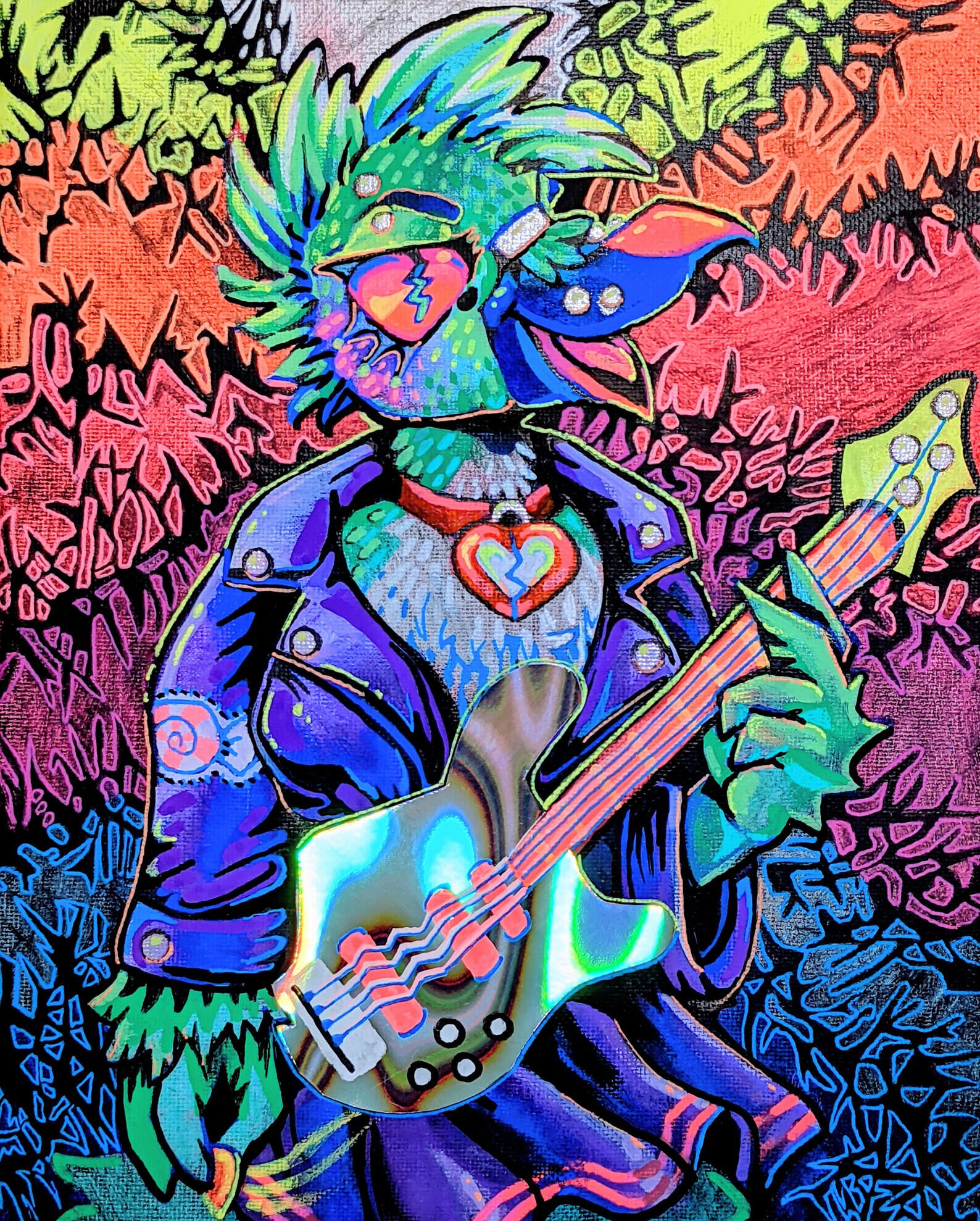brightly colored hummingbird playing bass
