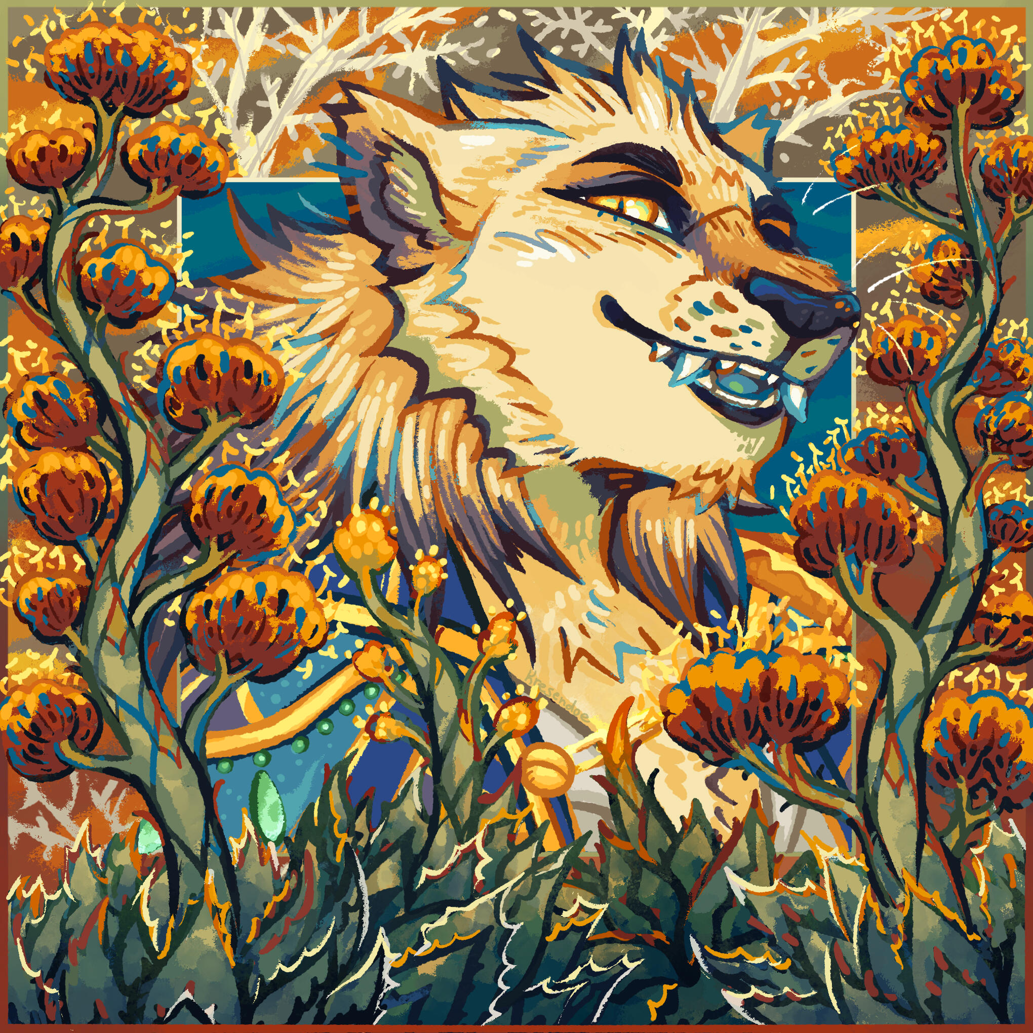 A lion/ess in a frame showing the life cycle of the agave plant.