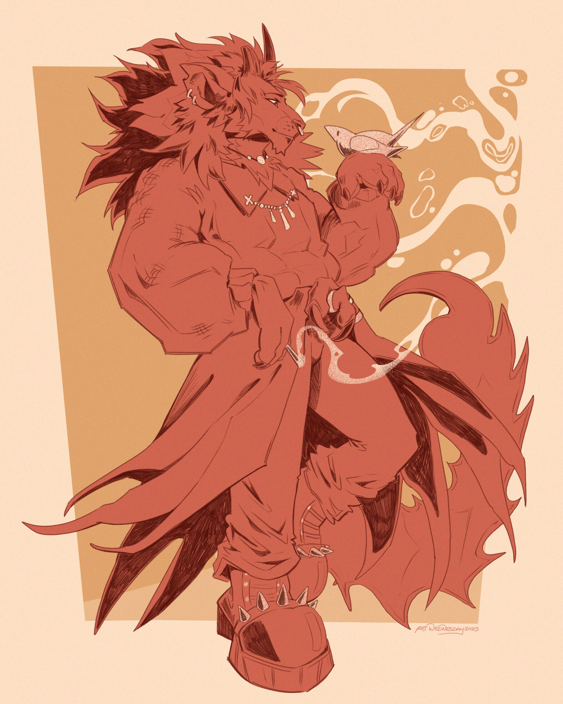 An anthro manticore in a sick outfit smoking a cigarette while a bird sits on her hand.